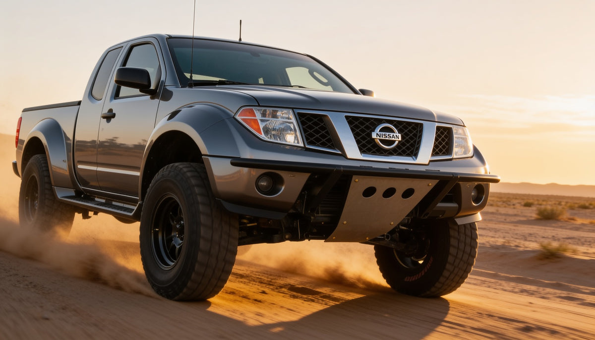 Long-travel Nissan Frontier prerunner racing across open desert